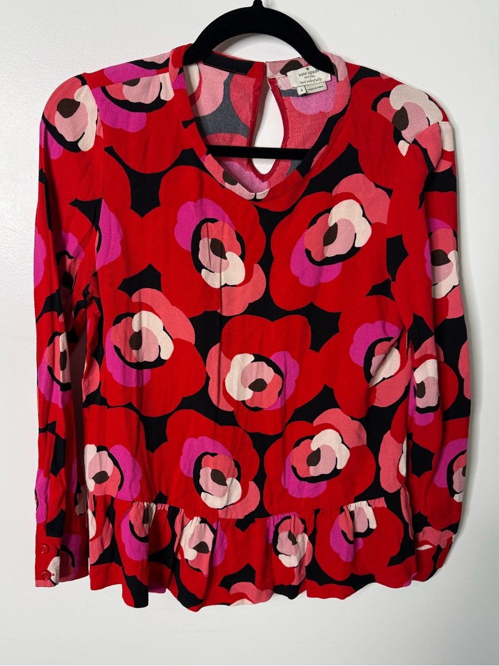 Kate Spade Red Pink Abstract Floral Peplum Blouse Long Sleeve Casual Chic Retro